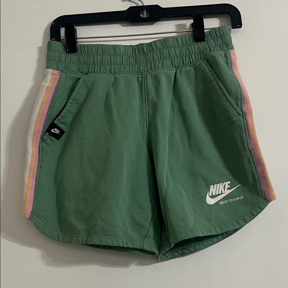 Nike Girls Athletic Shorts in Green with Pink Orange and White Stripes